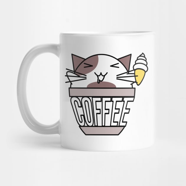 Cat in coffee cup with warped text holding ice cream white and brown by coffeewithkitty